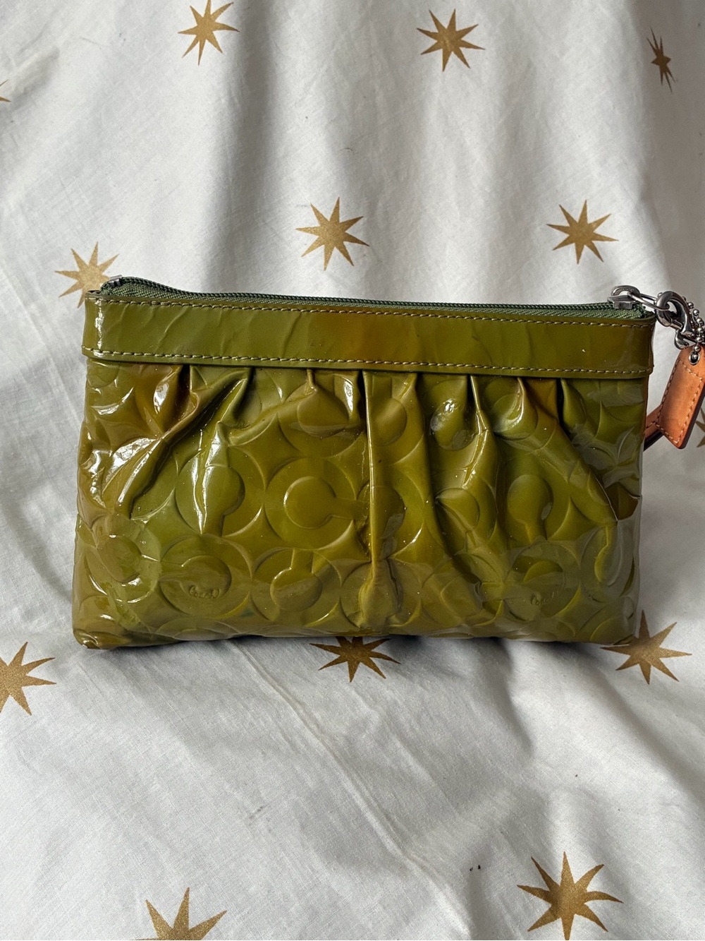 Coach Embossed Logo Patent Leather Wristlet Olive Green - Picture 2 of 14
